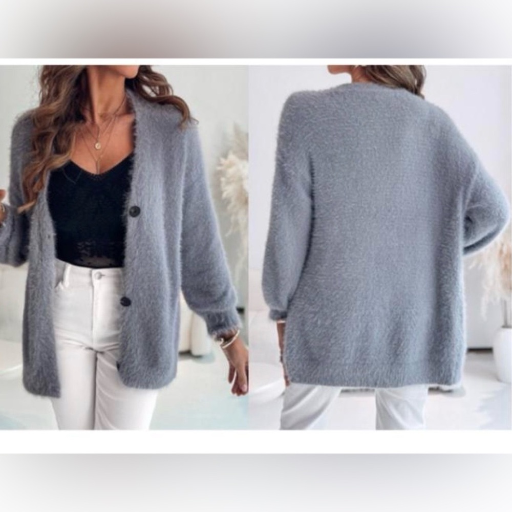 Cozy Open-Front Fuzzy Cardigan Sweater - Light Gray